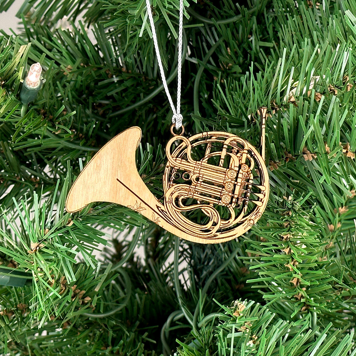 French Horn Engraved Wooden Ornament