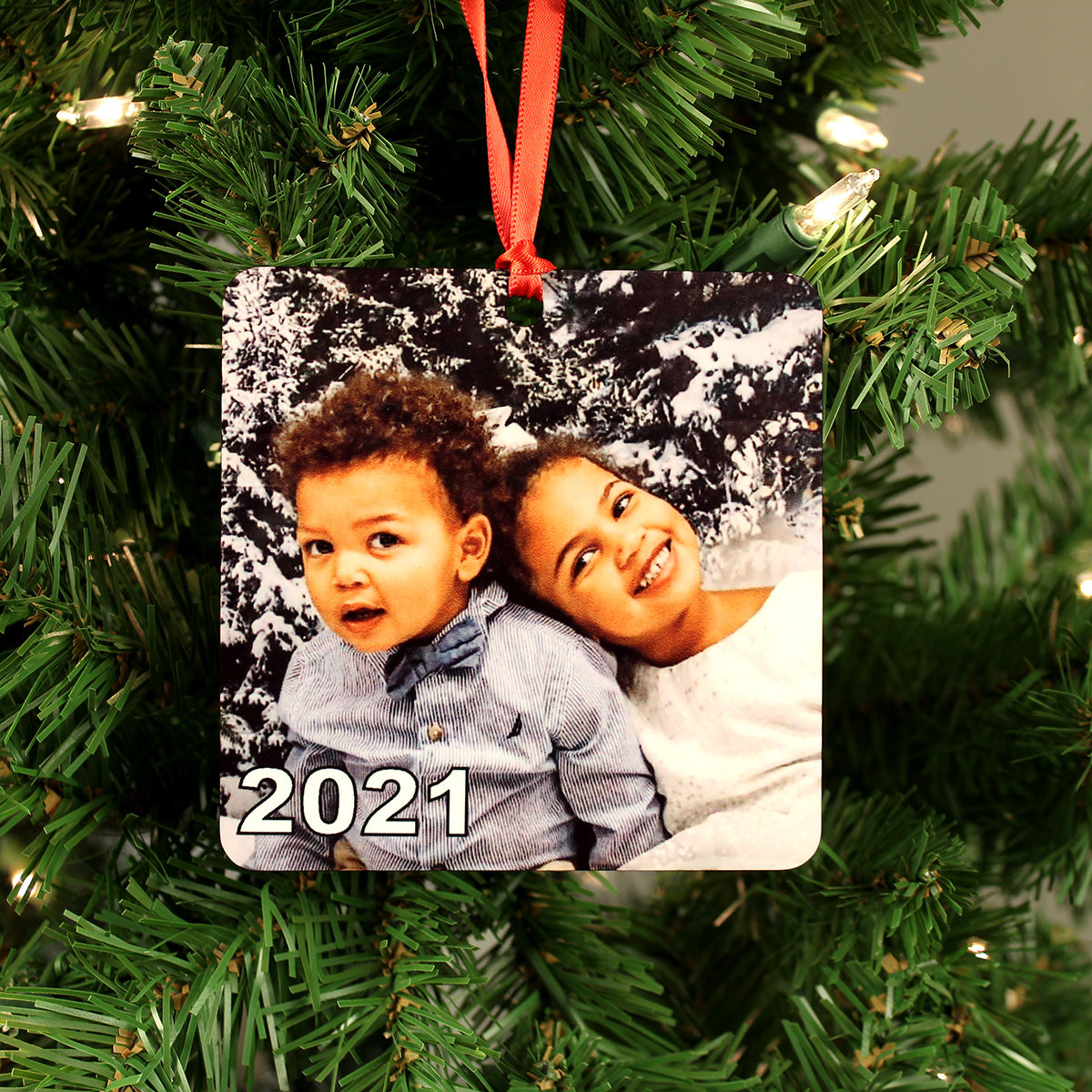 Personalized Photo Ornament on Metal (Jumbo Square 4"x4", 2-Sided)